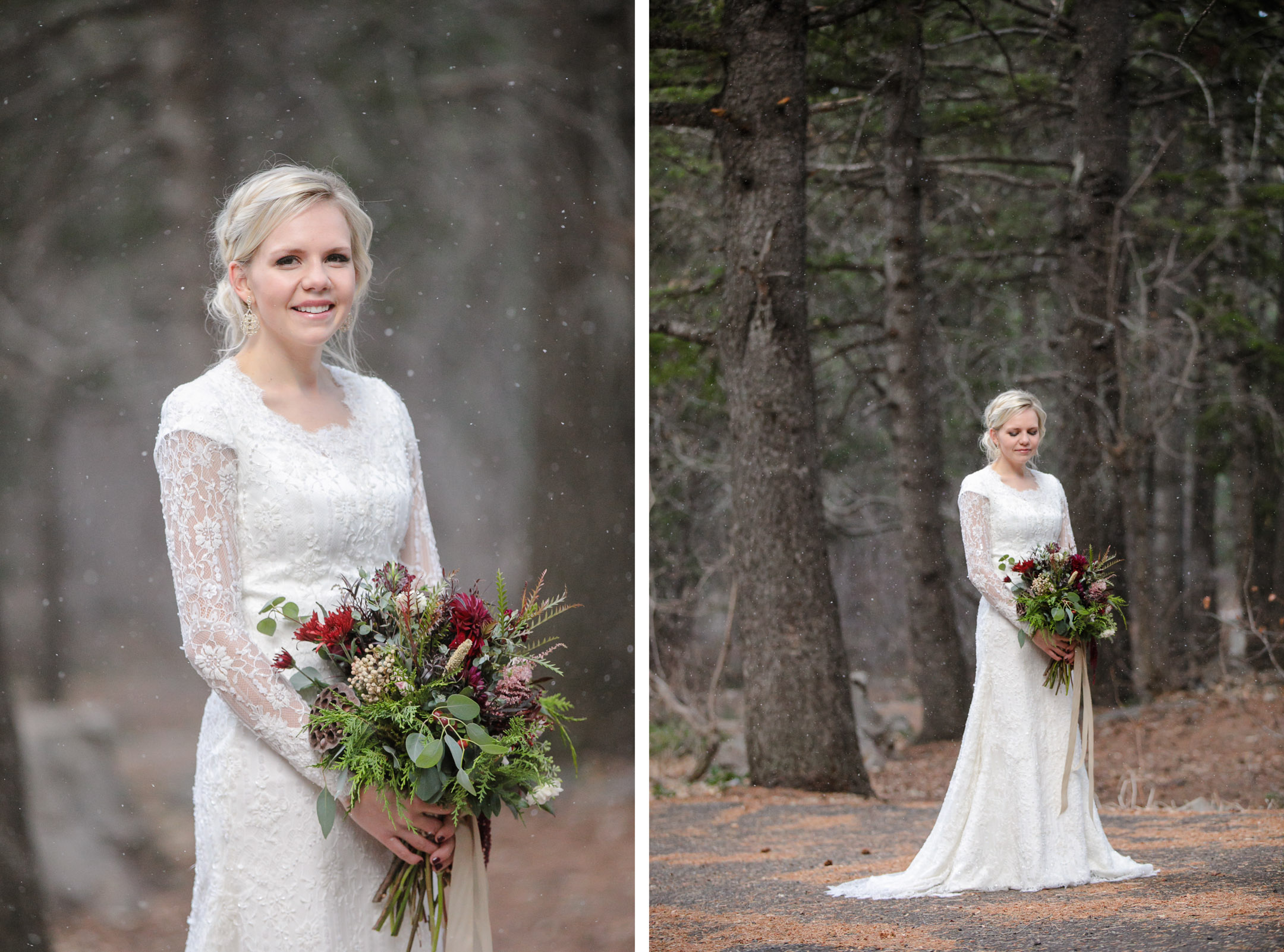 EK-Studios-Utah-Wedding-Photographers-Bridals-in-the-woods-pines-winter-dark-red-floral018-Blog
